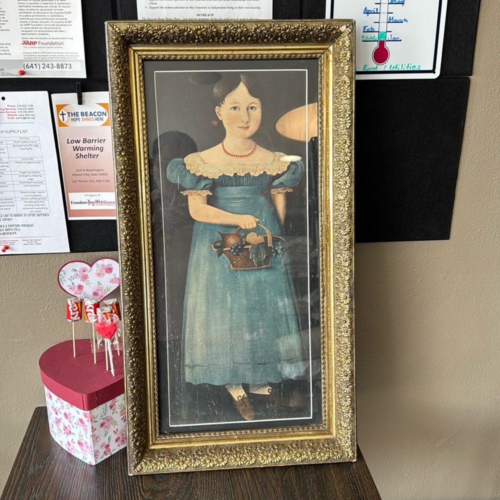 LARGE ANTIQUE LITHOGRAPH DEPICTING A GIRL WITH FRUITS - BEAUTIFULLY FRAMED